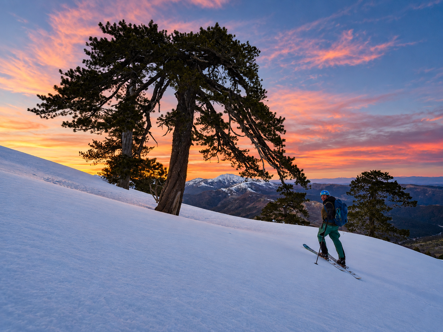 Pins au coucher du soleil dans le massif des Pindes, lors d'une itinérance à ski en Grèce.